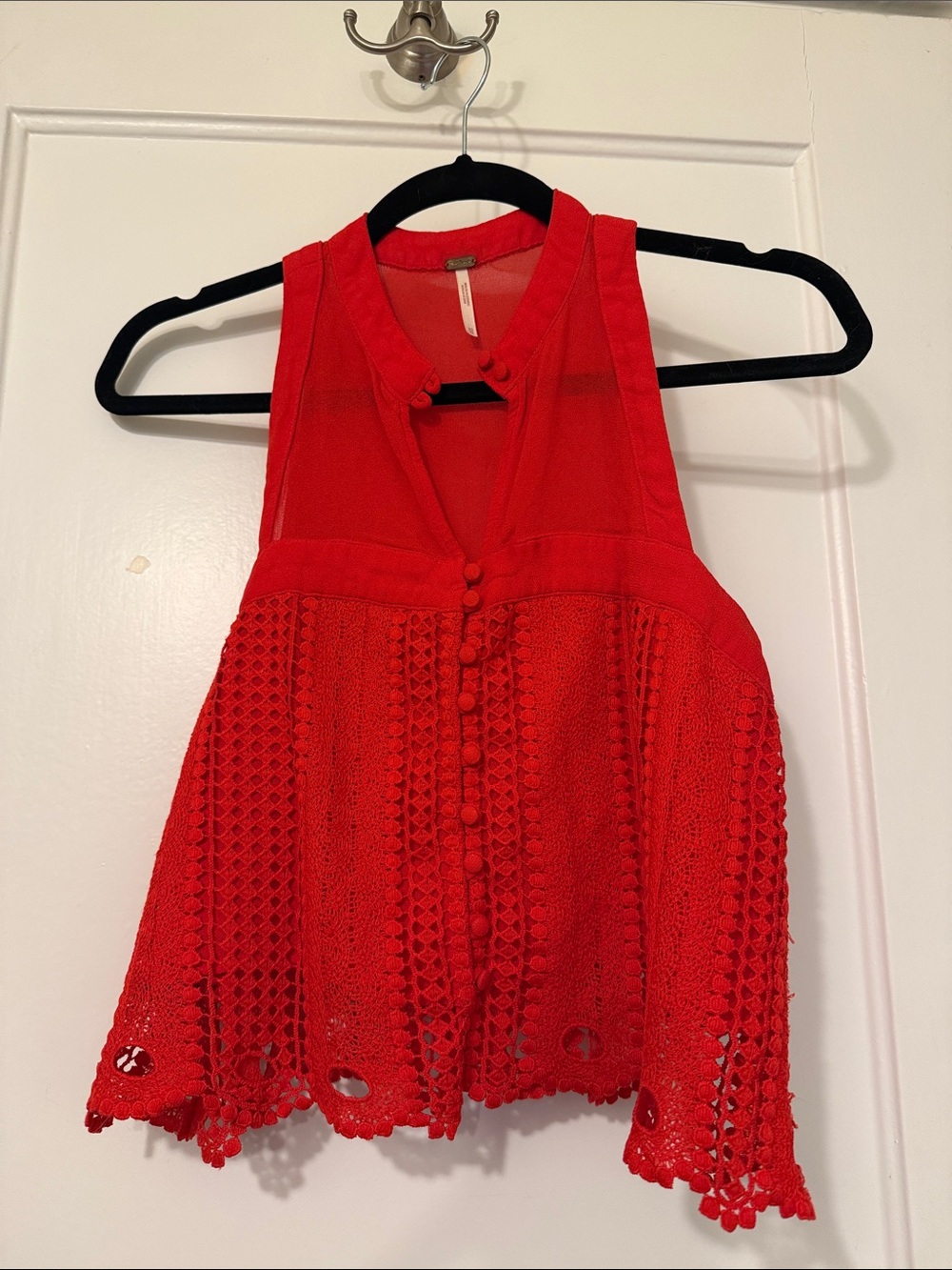 Free People Red Crochet Button-Front Camisole Top